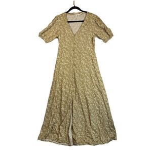 Faherty Brand Olive Green Floral Button Front V-Neck Midi Dress